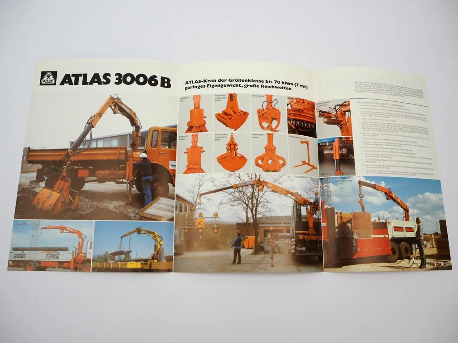 Original Prospekt Atlas 3006B Anbau Kran für LKW 1982 mit technischen Daten
