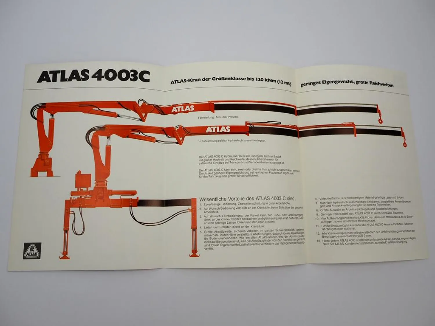 Original Prospekt Atlas 4003C Anbau Kran für LKW 1983 mit technischen Daten