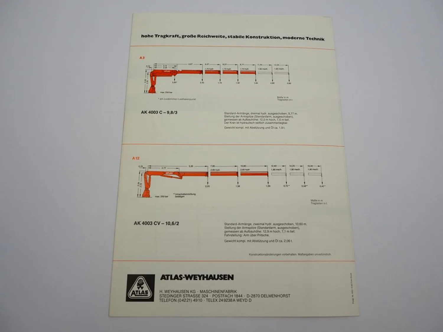 Original Prospekt Atlas 4003C Anbau Kran für LKW 1983 mit technischen Daten