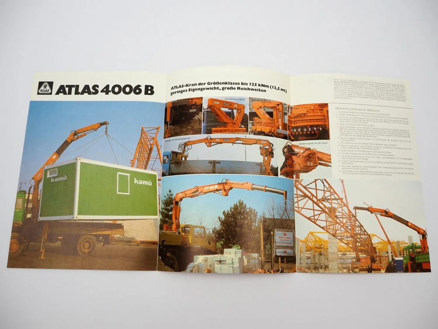 Original Prospekt Atlas 4006B Anbau Kran für LKW 1982 mit technischen Daten