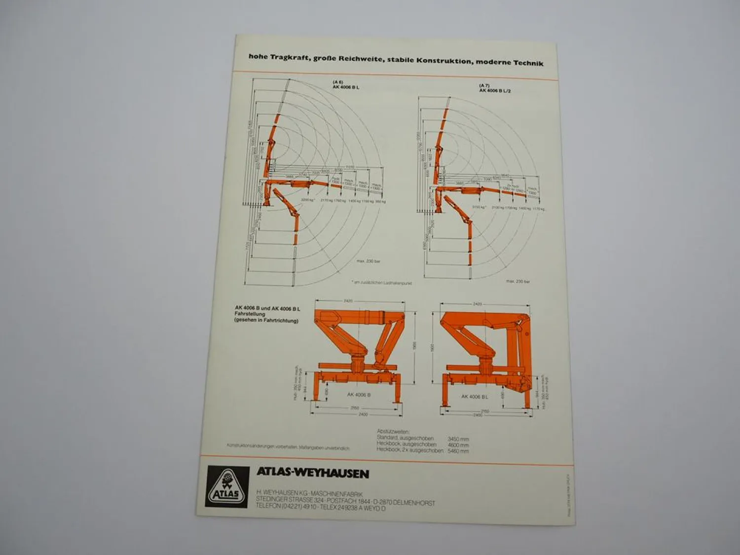 Original Prospekt Atlas 4006B Anbau Kran für LKW 1982 mit technischen Daten
