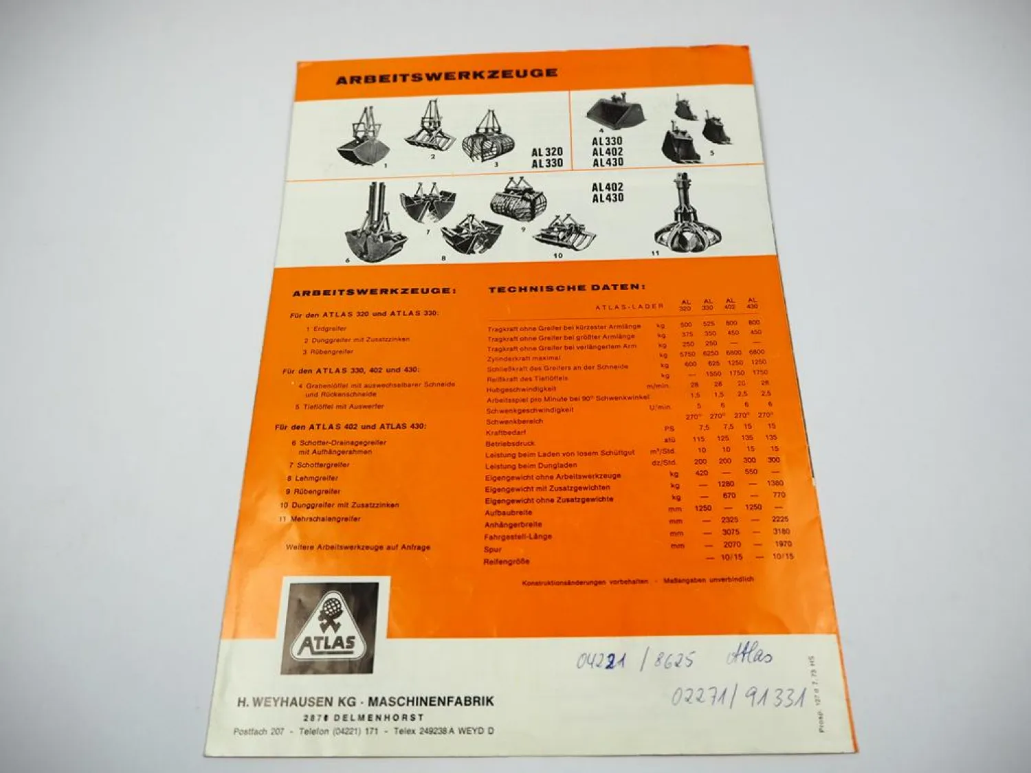 Original Prospekt Atlas Hydraulik Lader AL 320 330 402 430 mit 6 Seiten von 1973
