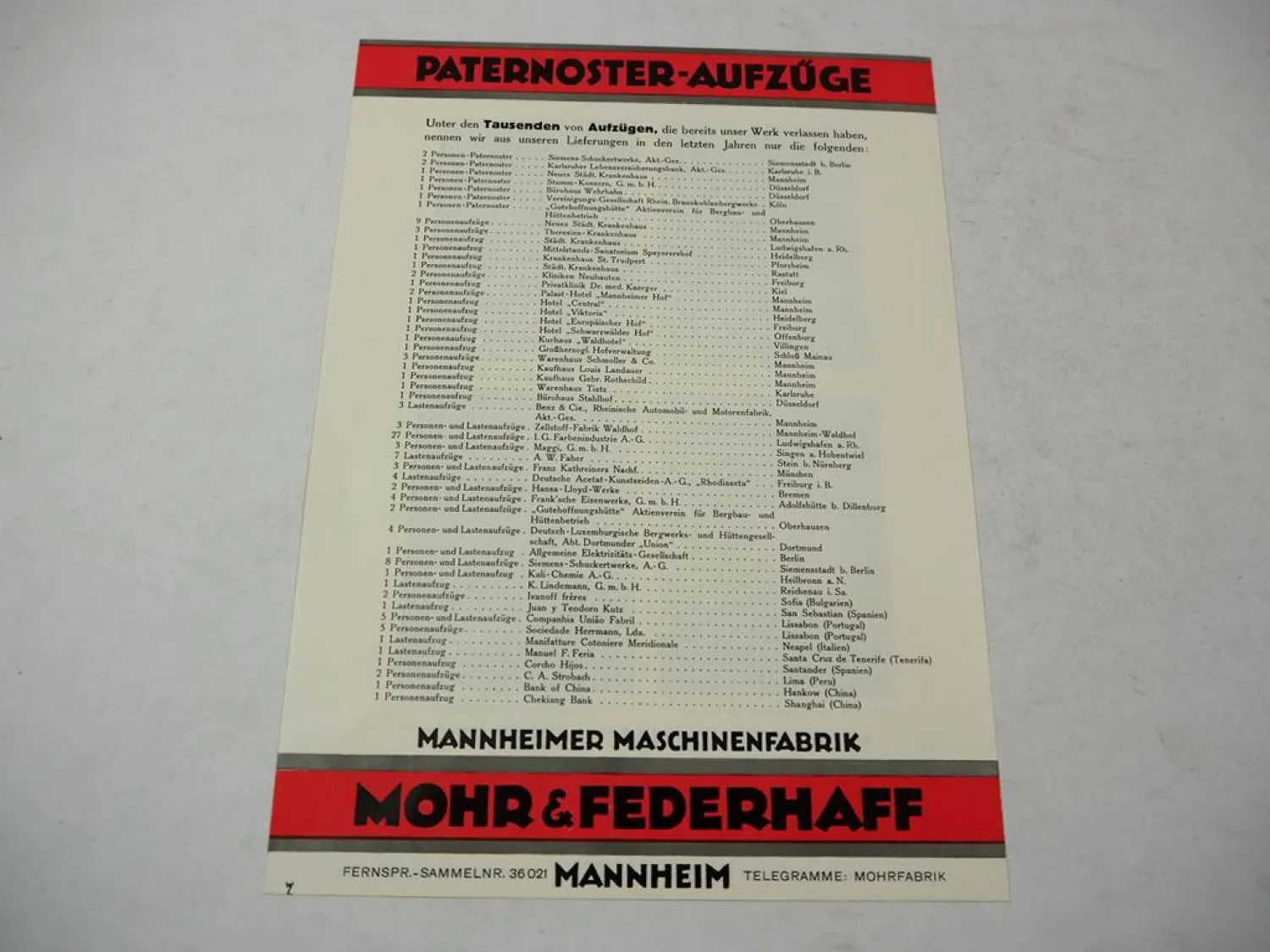 Original Prospekt Aufzüge Mohr & Federhaff Mannheimer Maschinenfabrik 1929