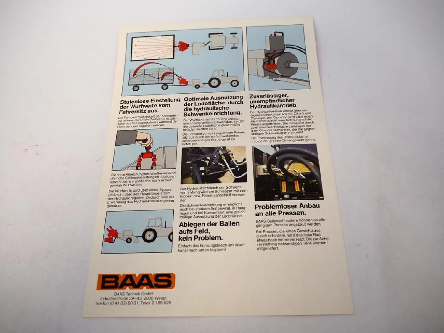 Original Prospekt Baas Ballenschleuder für Traktoren Landtechnik mit 2 Seiten