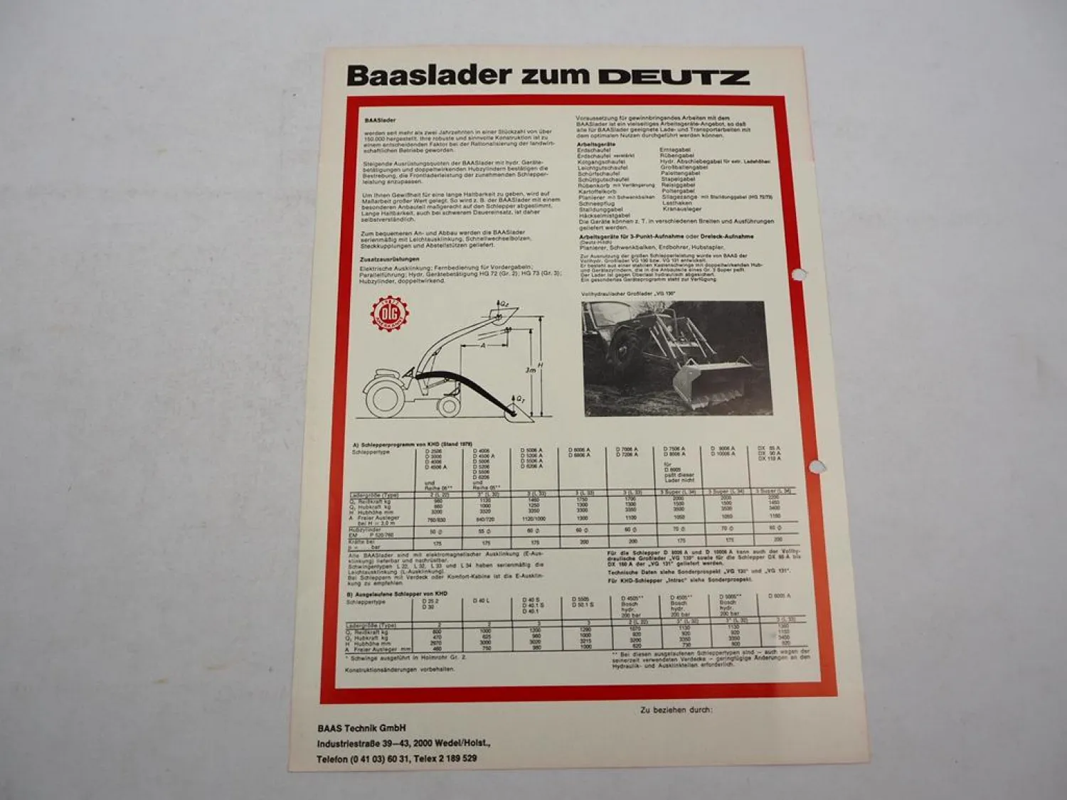 Original Prospekt Baas Frontlader Baaslader zum Deutz Schlepper ca. 1978
