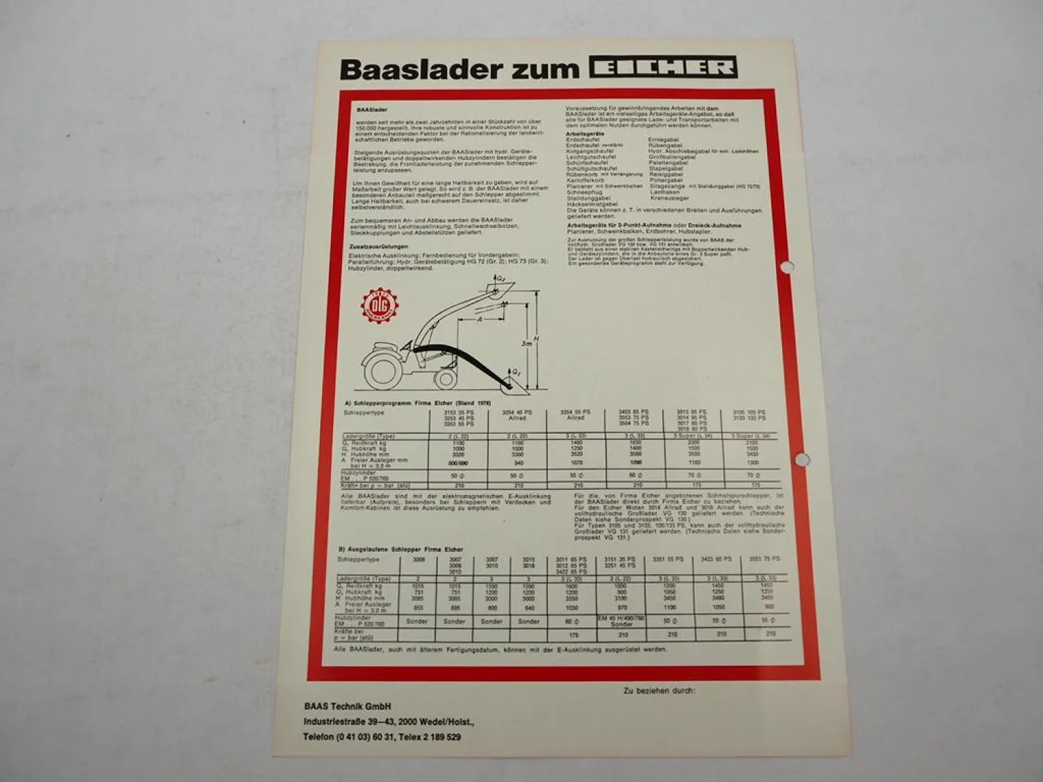 Original Prospekt Baas Frontlader Baaslader zum Eicher Schlepper ca. 1978