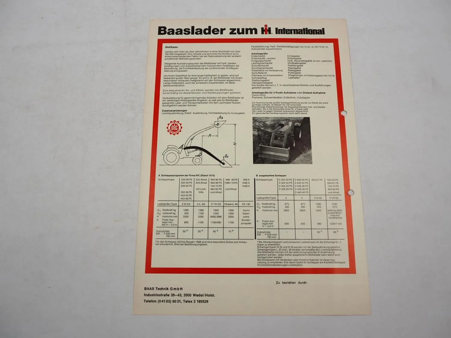 Original Prospekt Baas Frontlader Baaslader zum IHC Schlepper ca. 1975
