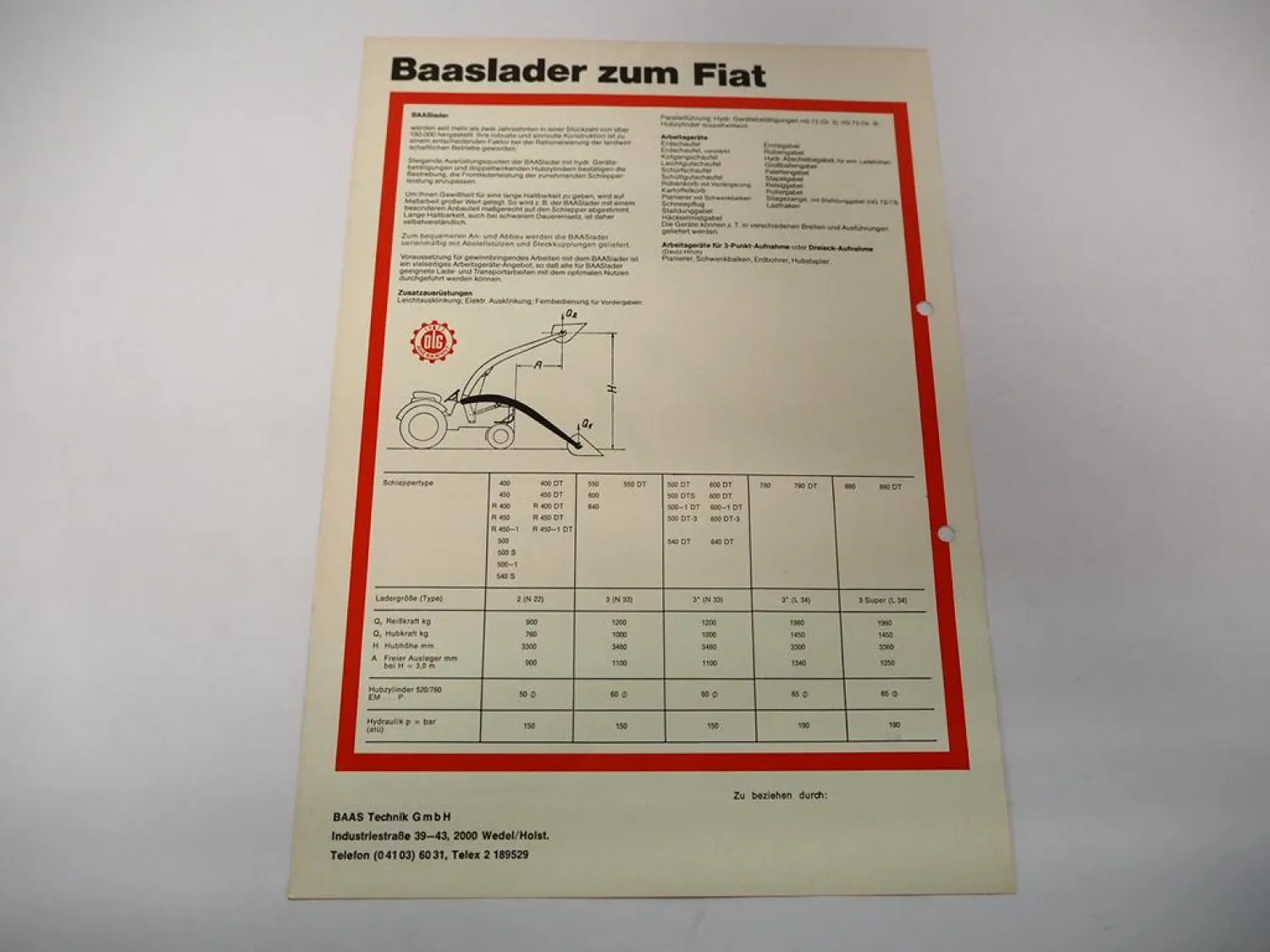 Original Prospekt Baas Frontlader für Fiat Schlepper 1970er Jahre