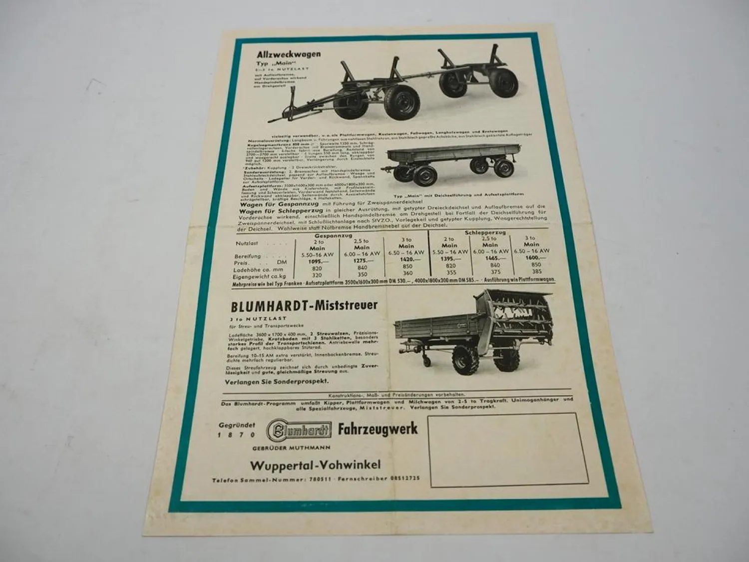 Original Prospekt Blumhardt Agrarwagen Gespann und Schlepperzug 1959