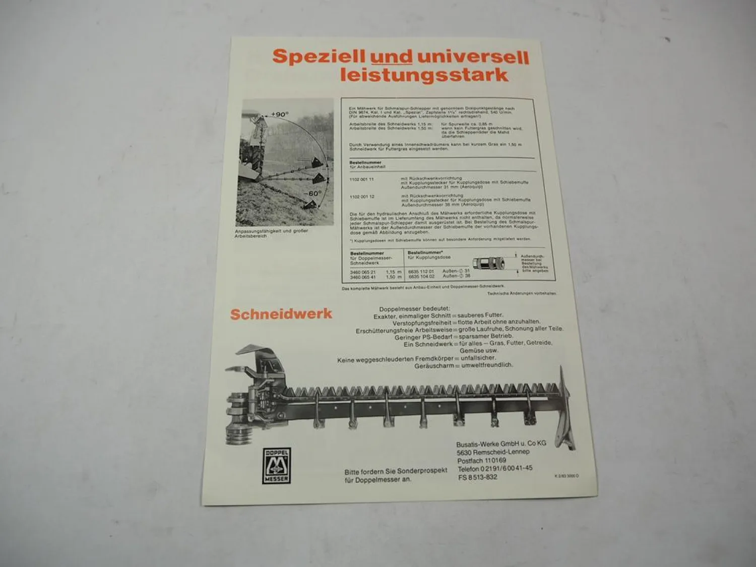 Original Prospekt Busatis BM1102 Mähwerk für Schmalspur Schlepper 1983