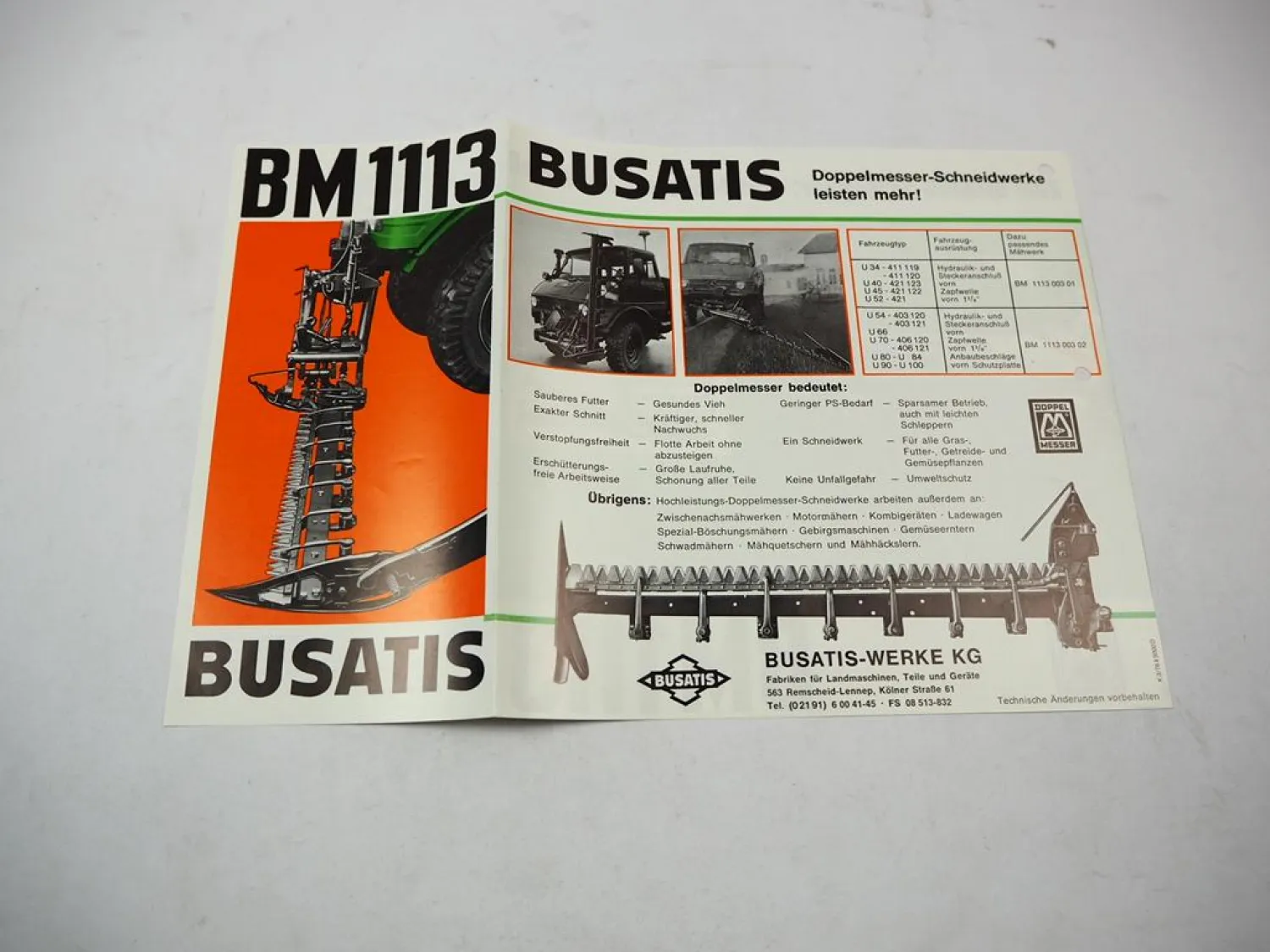 Original Prospekt Busatis BM1113 Mähwerk für Unimog U34 bis U100 von 1976