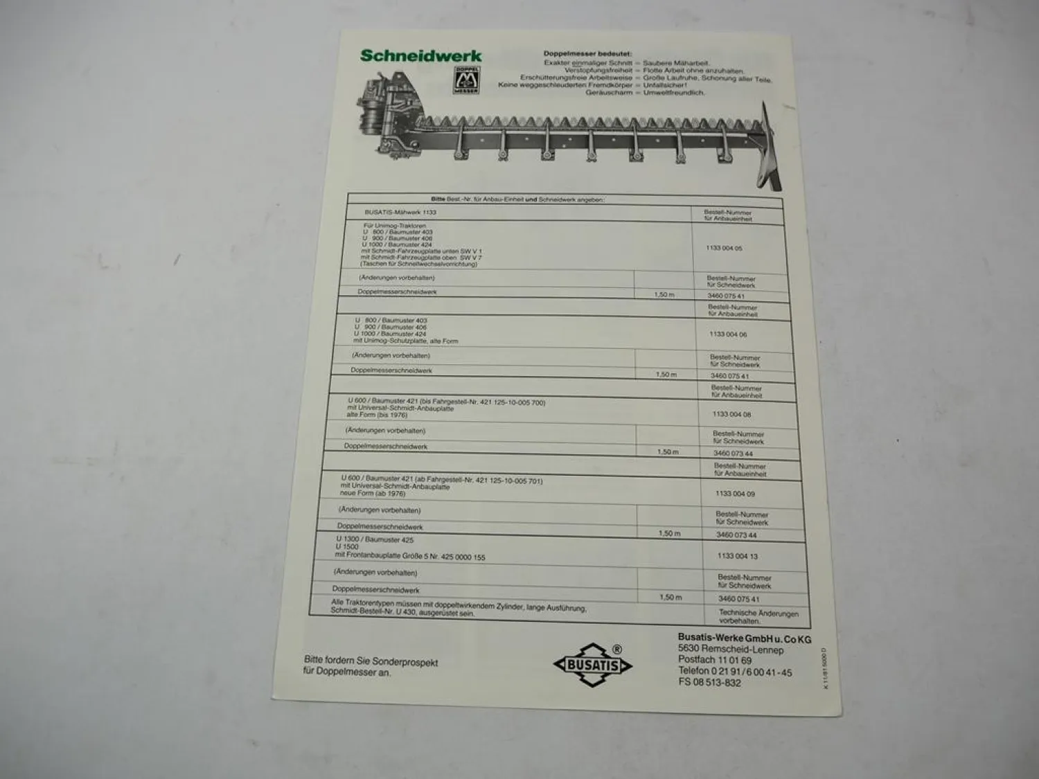 Original Prospekt Busatis BM1133 Mähwerk für Unimog 600 bis 1500 von 1981