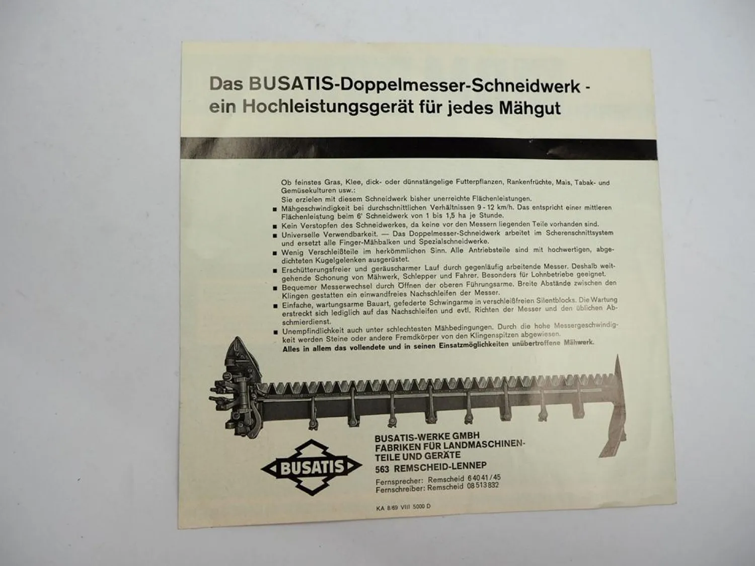 Original Prospekt Busatis BM320 KW Mähwerk am Deutz Schlepper 1969