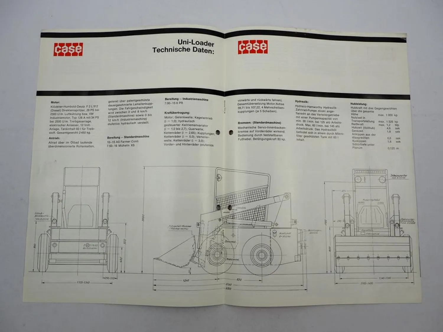 Original Prospekt Case 1529 Uni Loader mit 29 PS mit technischen Daten