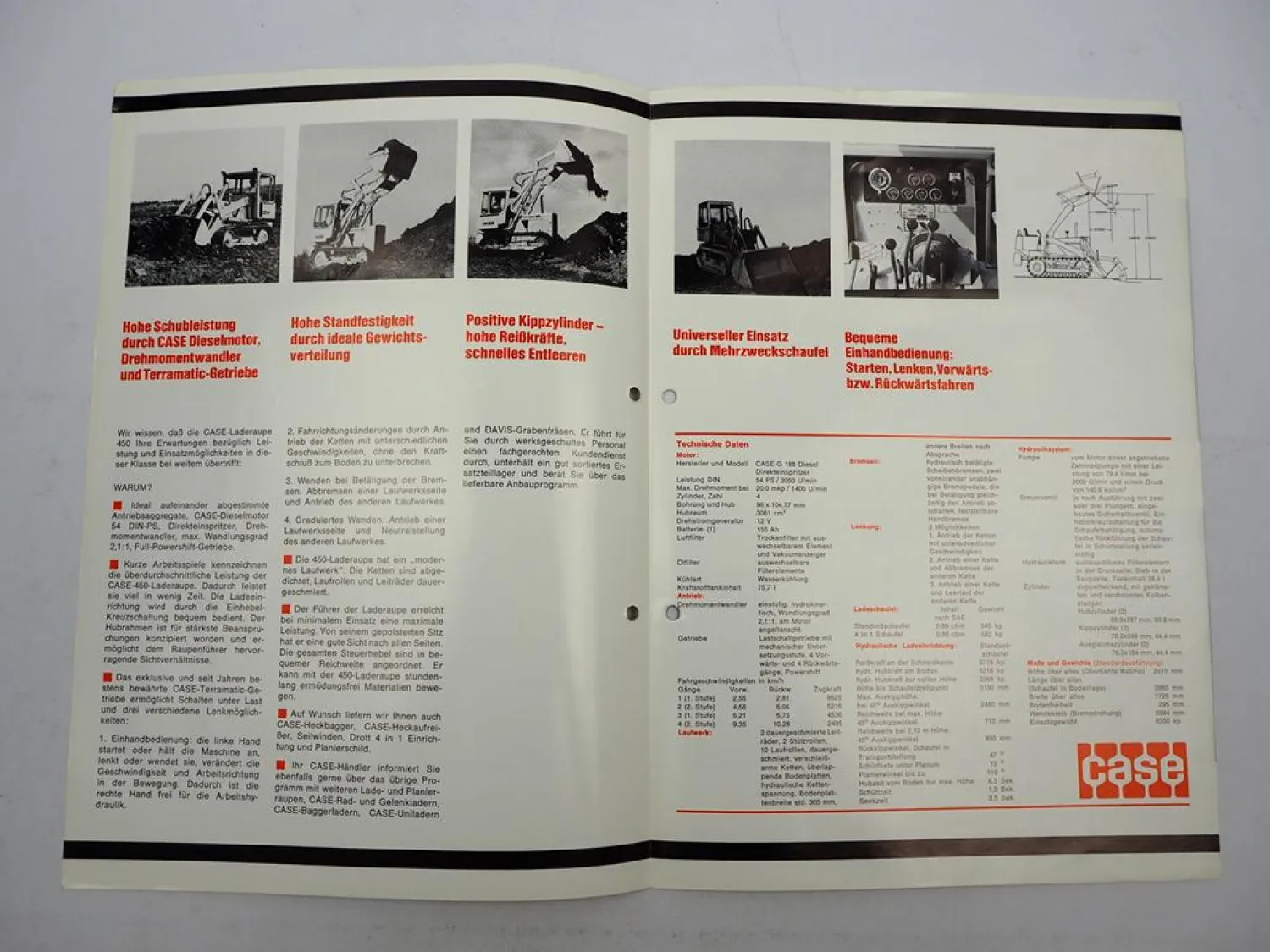 Original Prospekt Case 450 Laderaupe mit 54 PS ca. 1973 mit technischen Daten