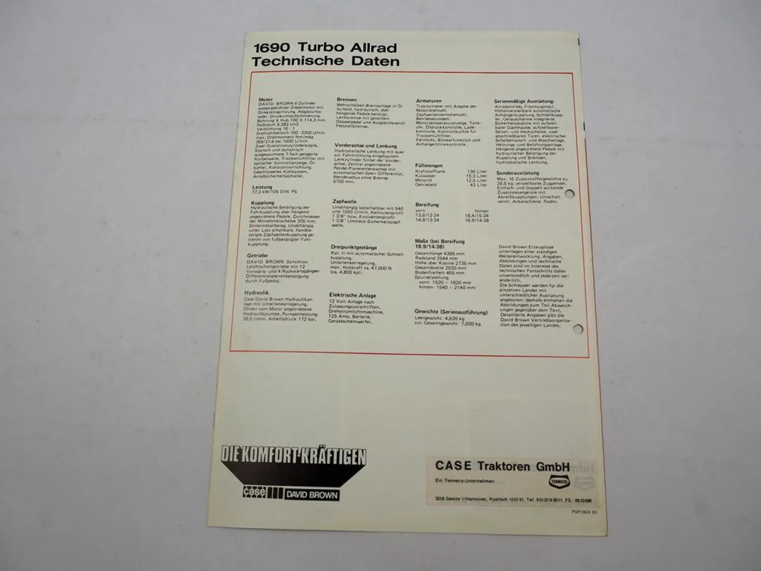Original Prospekt Case David Brown 1690 Turbo Allrad Traktor 1983