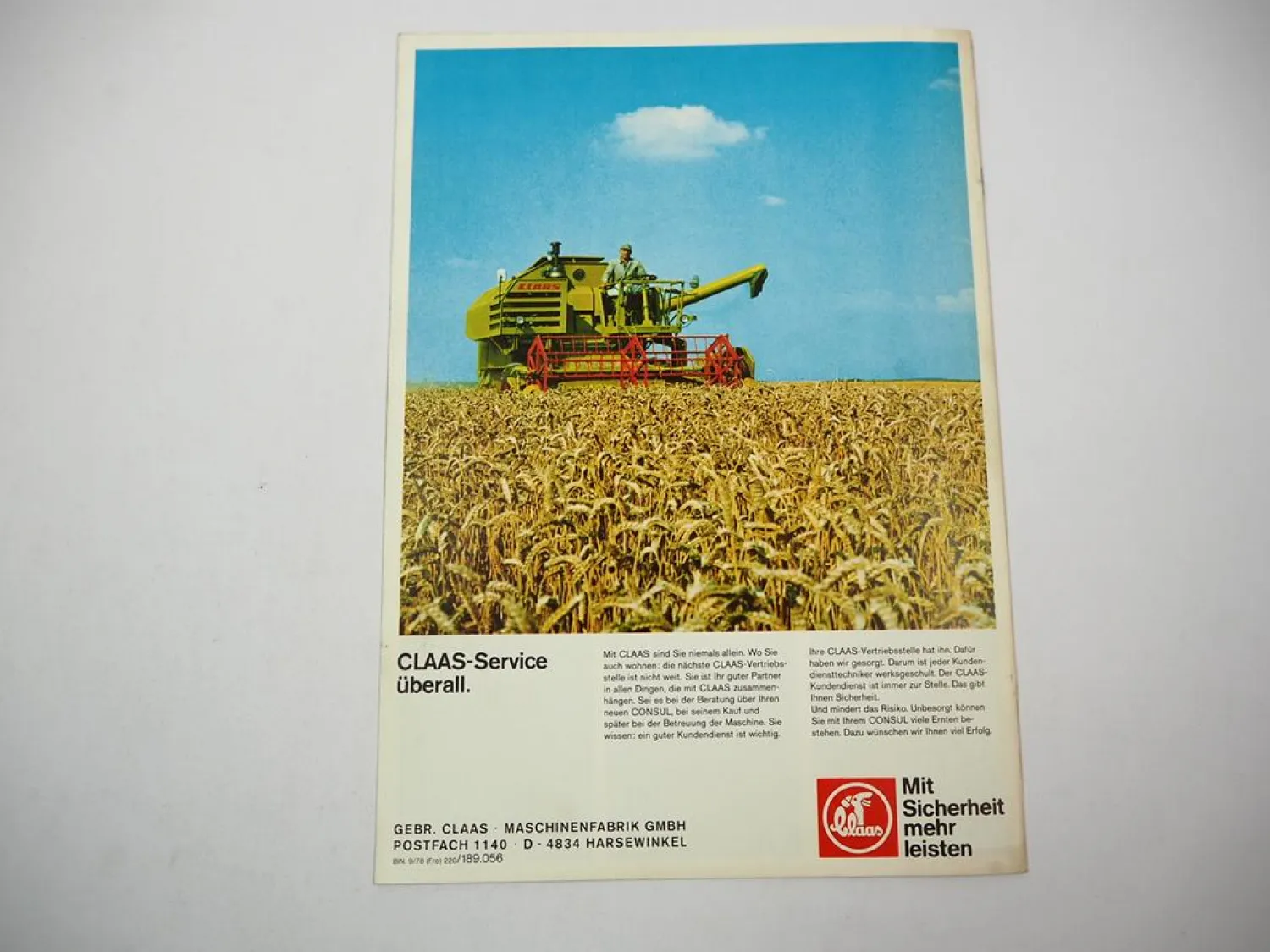 Original Prospekt Claas Consul Mähdrescher mit technischen Daten 1978