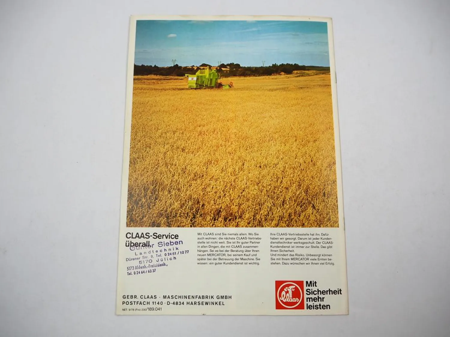 Original Prospekt Claas Mercator 50 60 Mähdrescher mit technischen Daten 1978