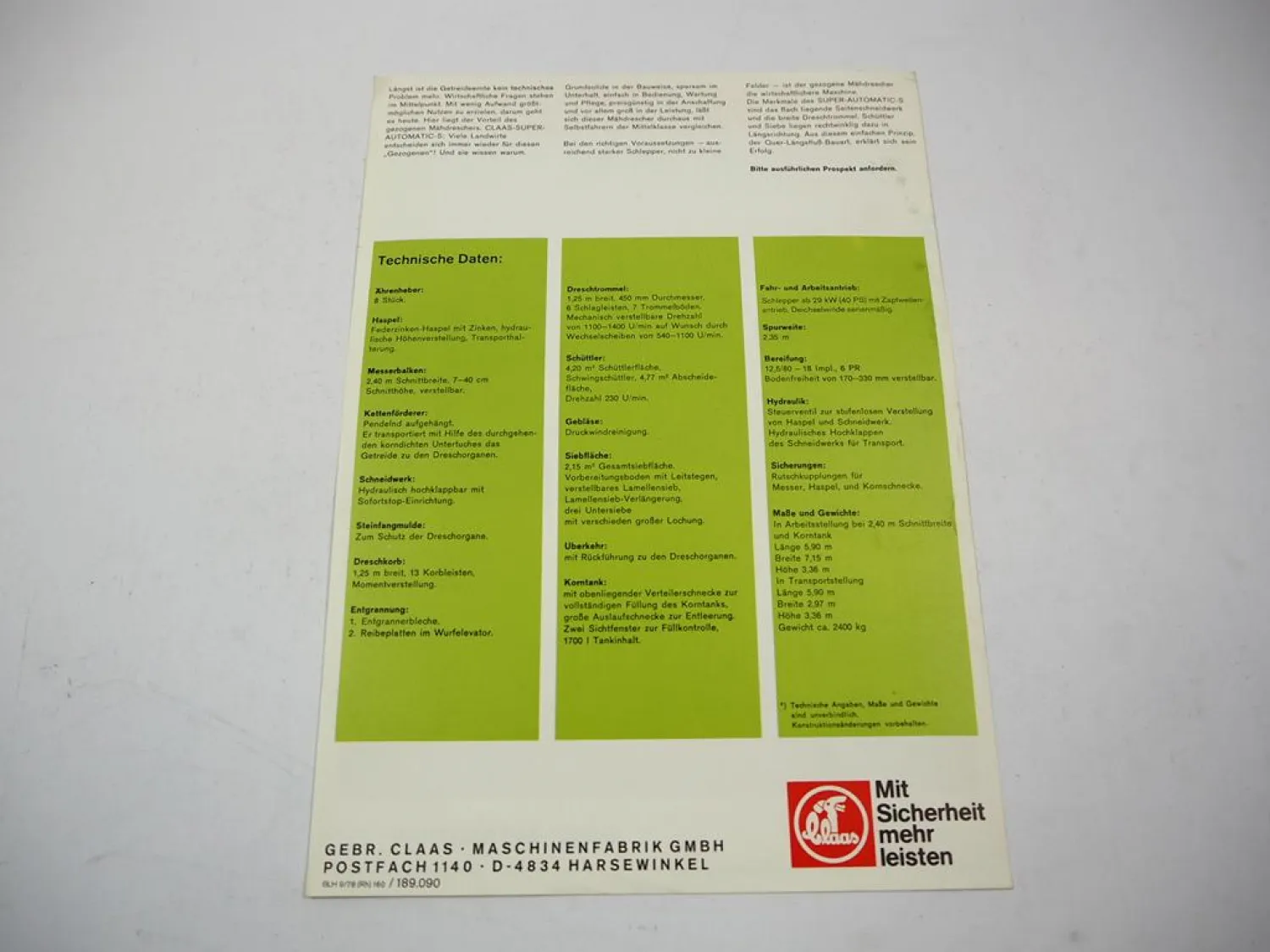 Original Prospekt Claas Super Automatic S gezogener Mähdrescher 1978