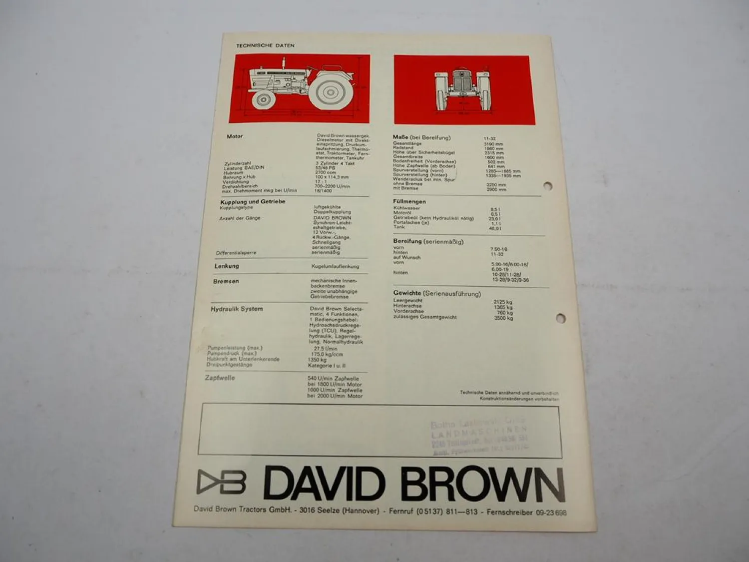 Original Prospekt David Brown 885 Traktor 1970er Jahre mit technischen Daten