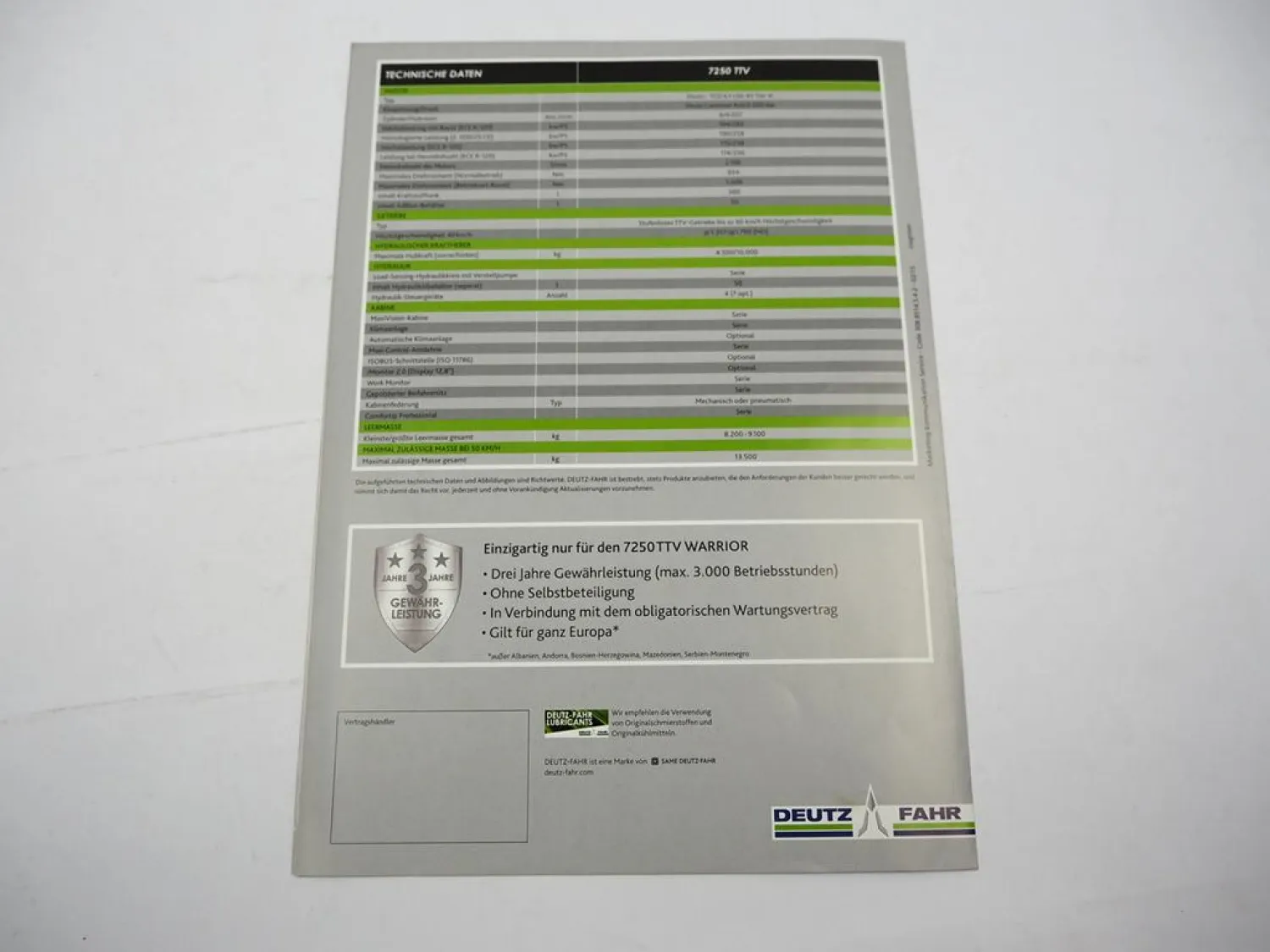 Original Prospekt Deutz Fahr 7250 TTV Warrior Traktor Schlepper 2015