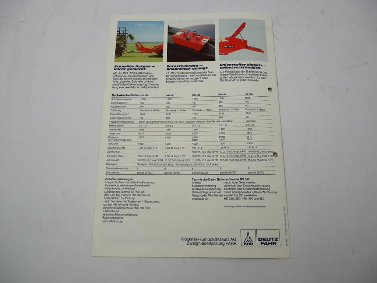 Original Prospekt Deutz Fahr HD 320 380 440 490 560 Hochdruckpresse 1984