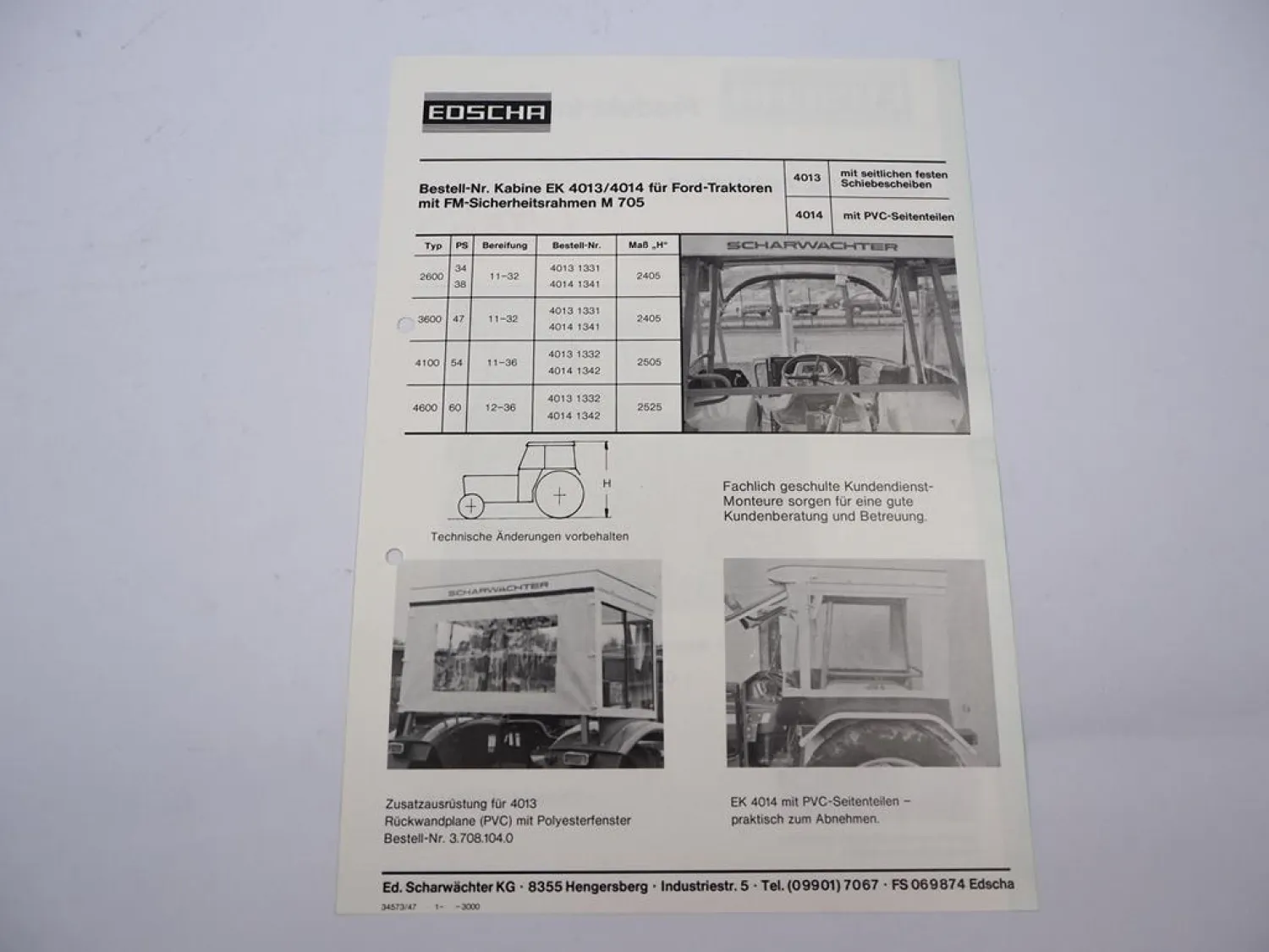 Original Prospekt Edscha EK 4013 4014 Kabine für Ford 2600 3600 4100 4600 1976