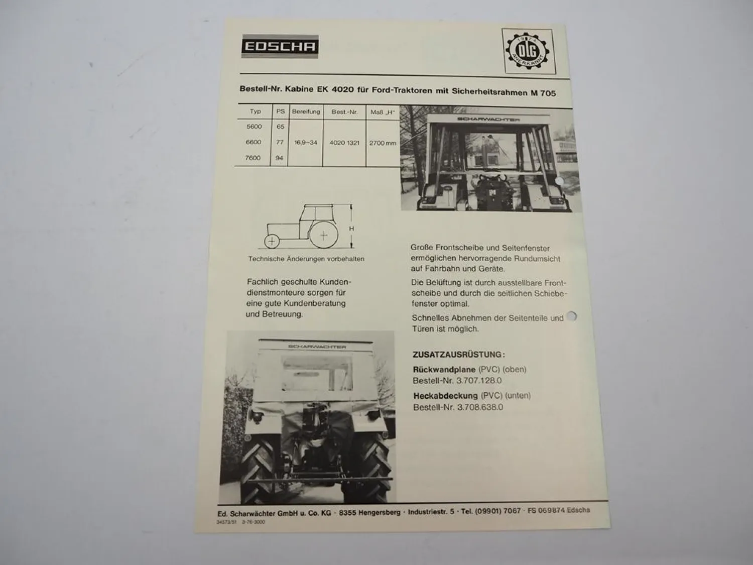 Original Prospekt Edscha EK402 Kabine für Ford 5600 6600 7600 Schlepper 1976