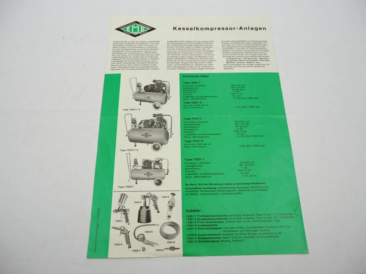 Original Prospekt EMG 1500 Kesselkompressor fahrbar & stationär 1960er Jahre