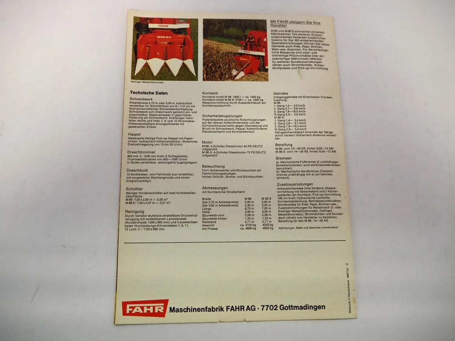 Original Prospekt Fahr M 88 88S Mähdrescher mit technischen Daten 1970