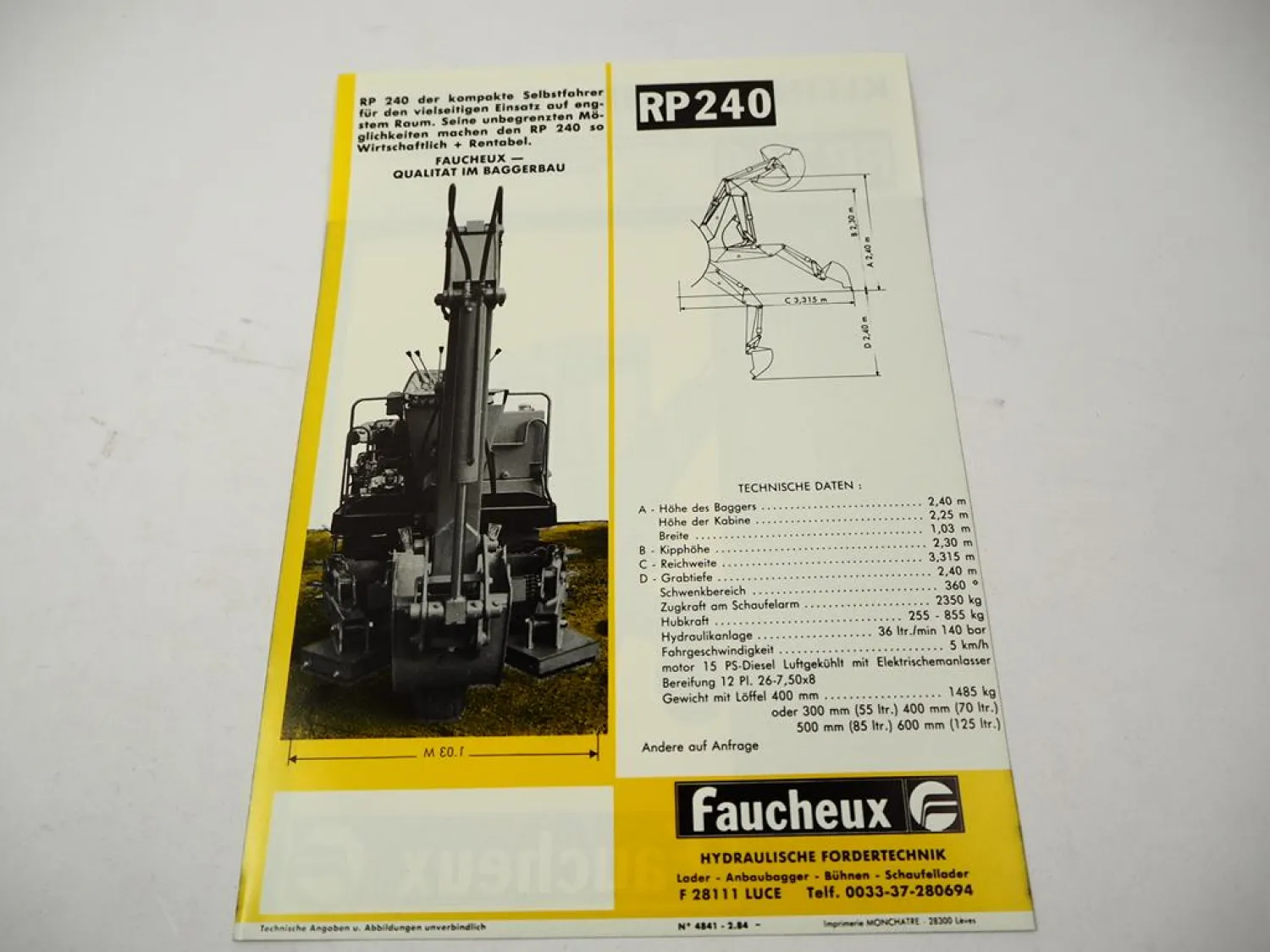 Original Prospekt Faucheux Kleinbagger RP 240 mit 2 Seiten von 02/1984