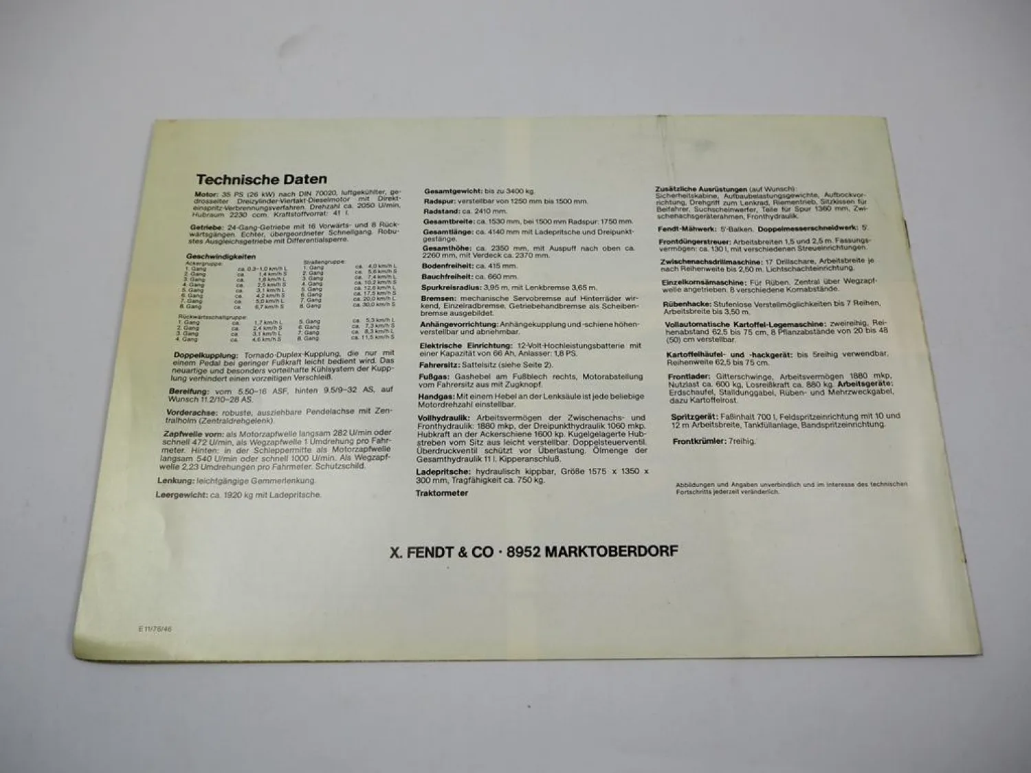 Original Prospekt Fendt 231GT Geräteträger mit technischer Daten 1970er Jahre