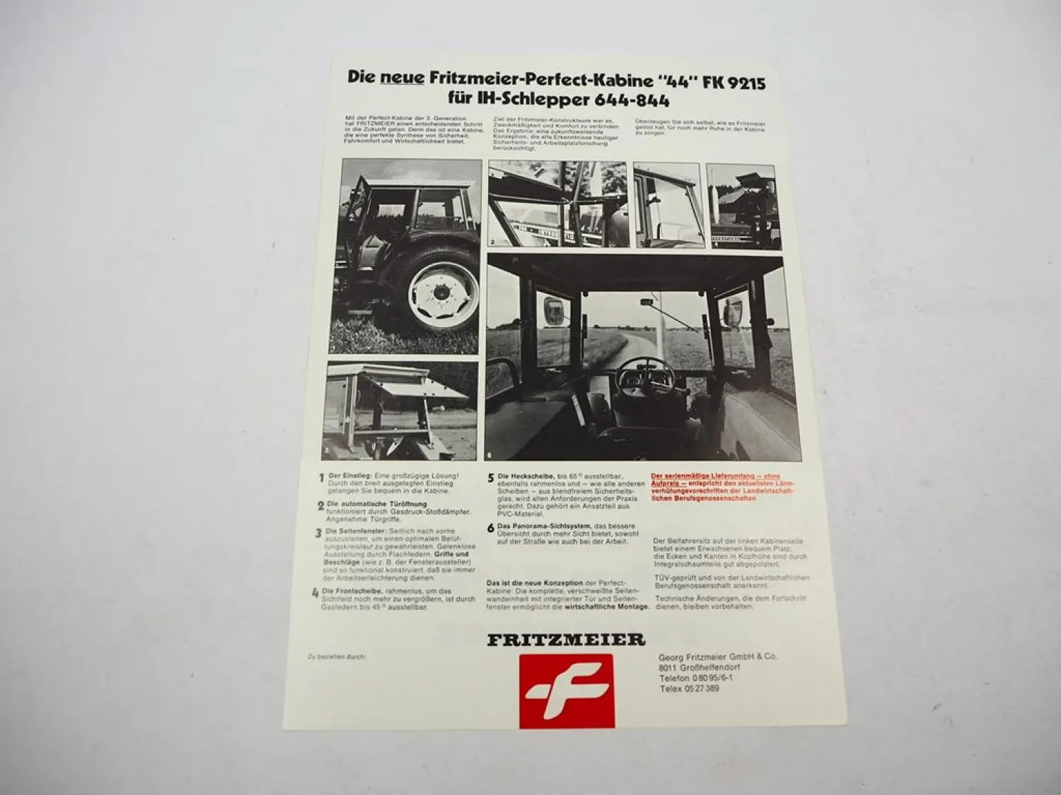Original Prospekt Fritzmeier Kabine 44 FK9215 für IHC Schlepper 1980er Jahre