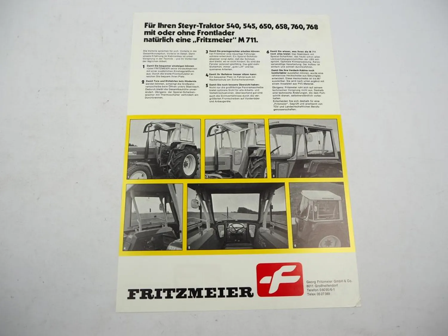 Original Prospekt Fritzmeier Kabine M711 für Steyr Schlepper ca. 1980er Jahre