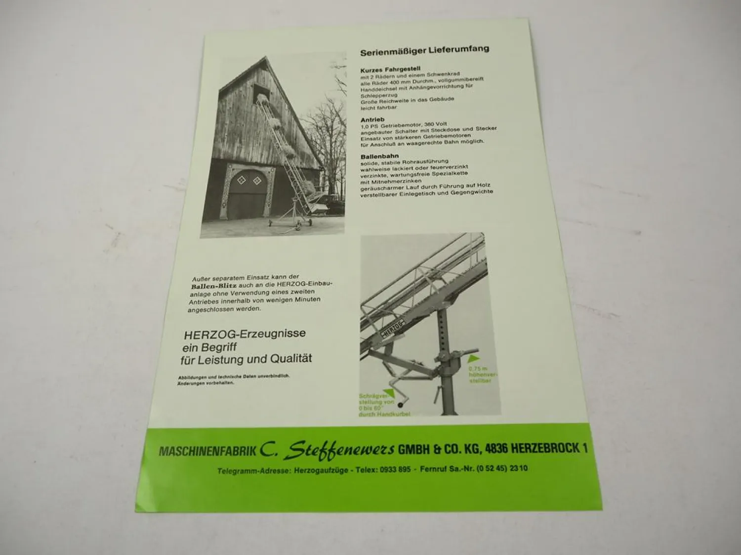 Original Prospekt Herzog Ballenblitz DBGM Typ 74 Fördergerät Landtechnik