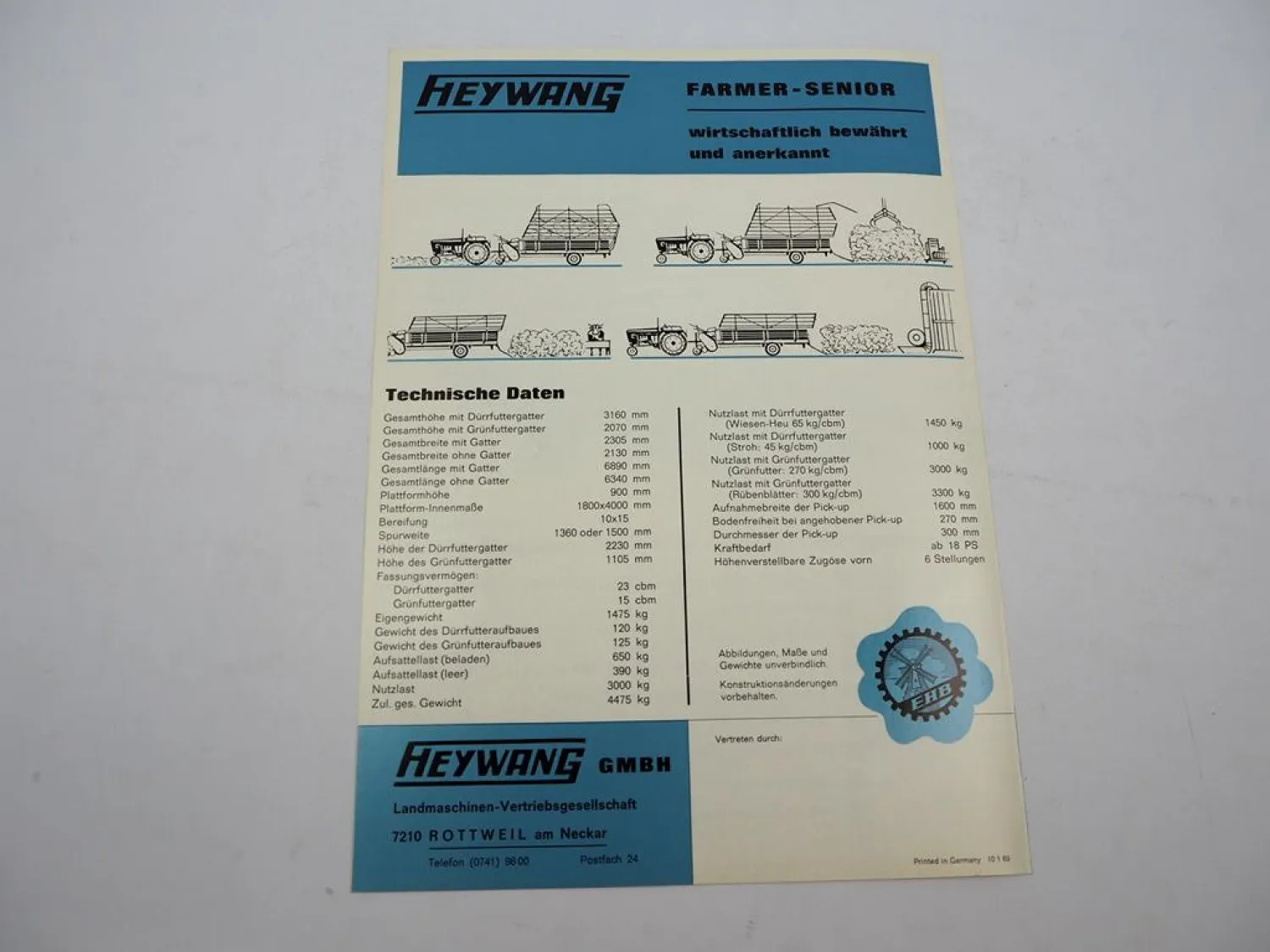 Original Prospekt Heywang Farmer Ladewagen Junior Senior 1969