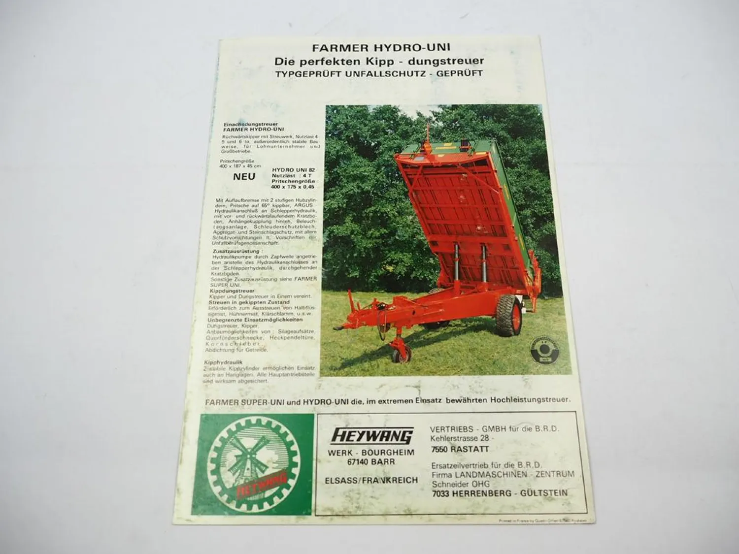 Original Prospekt Heywang Farmer Super Hydro Uni Stalldungstreuer 1970er Jahre