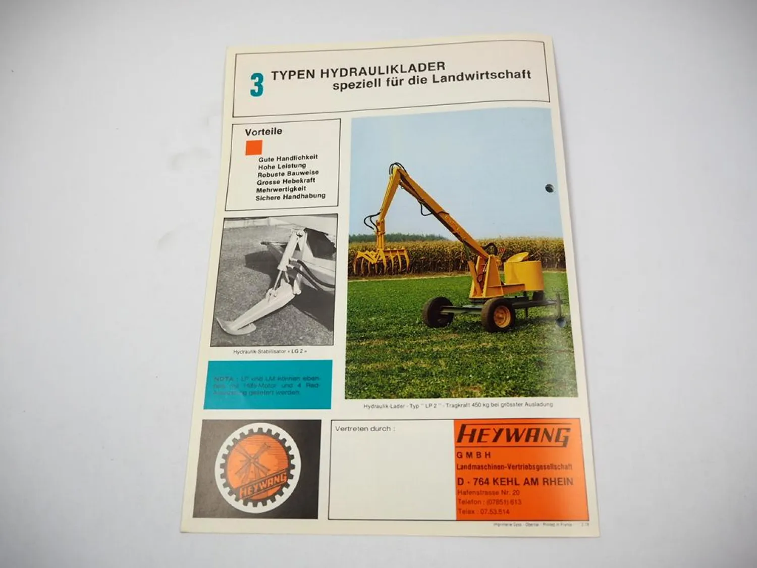 Original Prospekt Heywang Hydrauliklader LP 2 LM 2 LG mit 4 Seiten von 02/1978