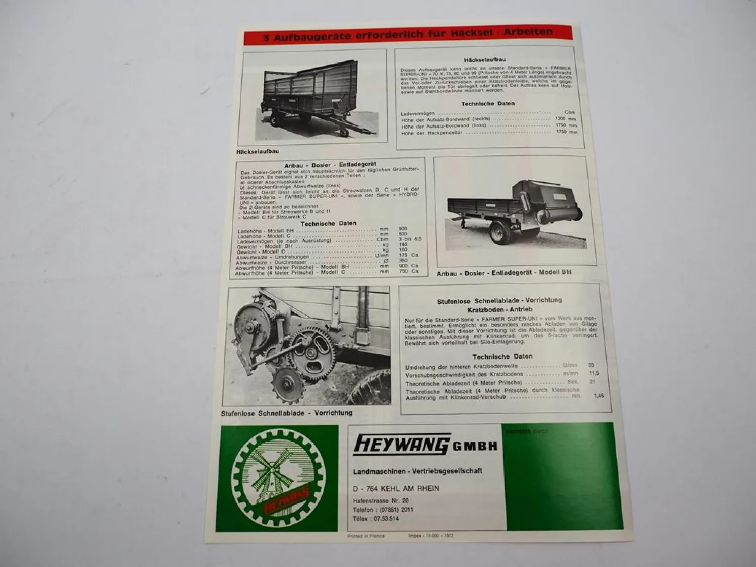Original Prospekt Heywang Super Uni Einachs Stalldungstreuer Anhänger 1977