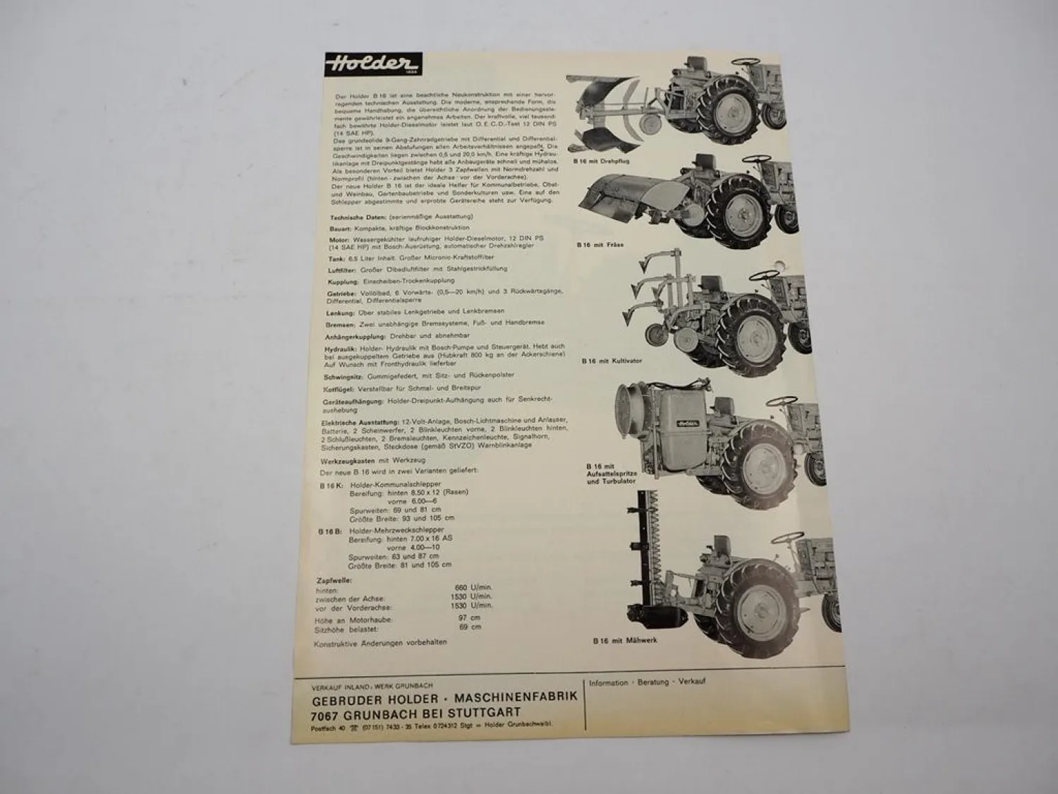 Original Prospekt Holder B16 Kleinschlepper mit 12 PS 1970er Jahre