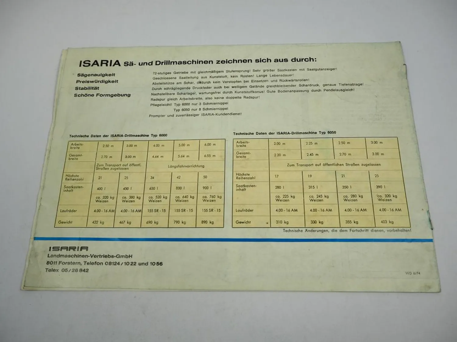 Original Prospekt Isaria 6000 6050 Sä- und Drillmaschinen mit 8 Seiten von 1974
