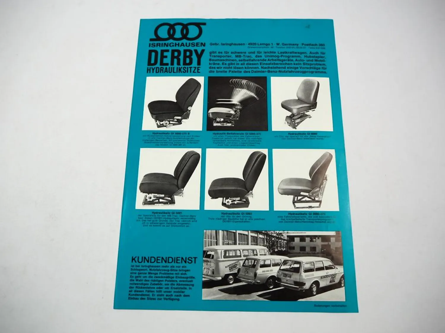 Original Prospekt Isringhausen Derby Fahrzeugsitze für Unimog MB-trac 1960er J.