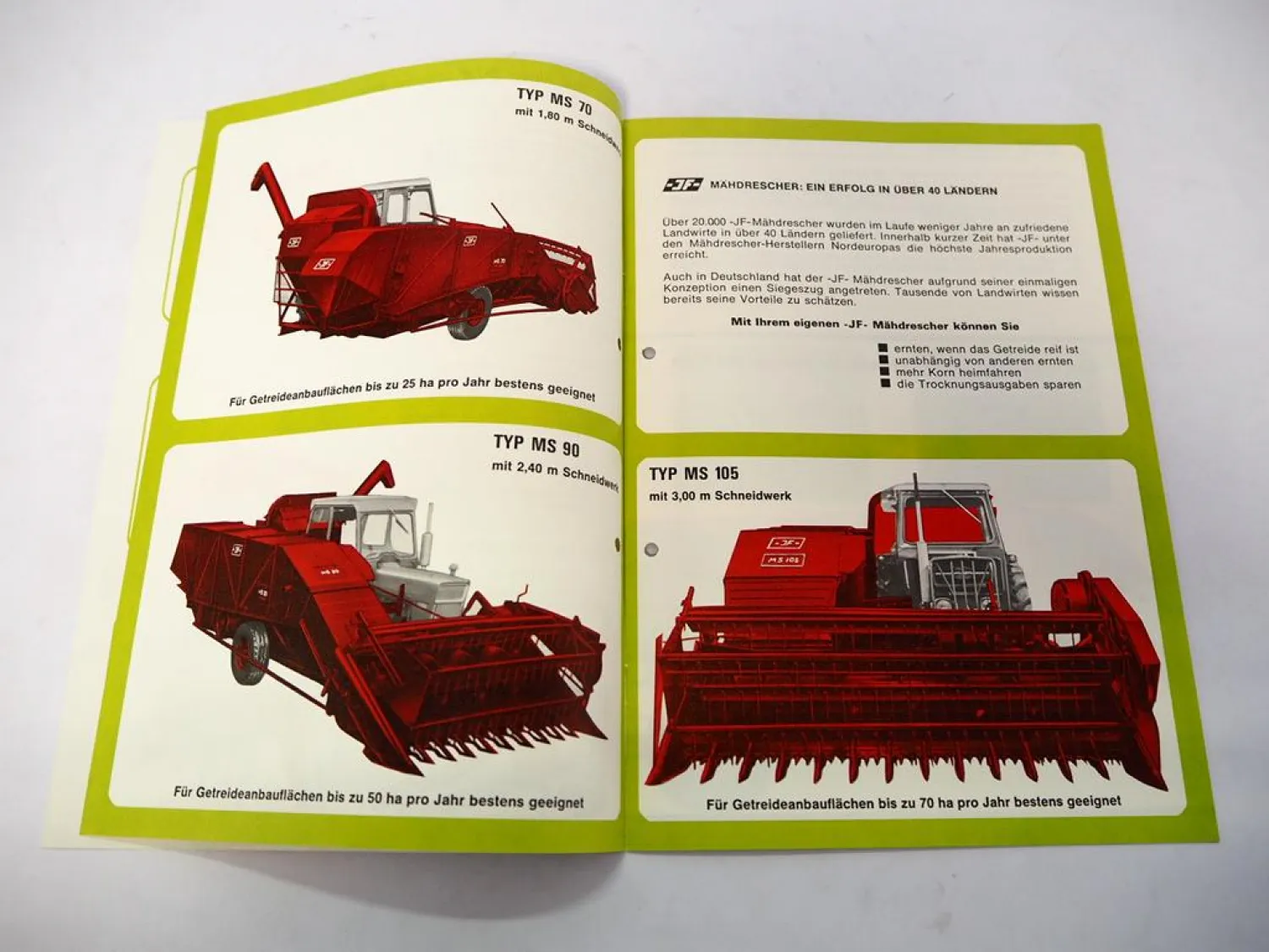 Original Prospekt JF MS 70 90 105 Anbau Mähdrescher für Schlepper 1970er Jahre