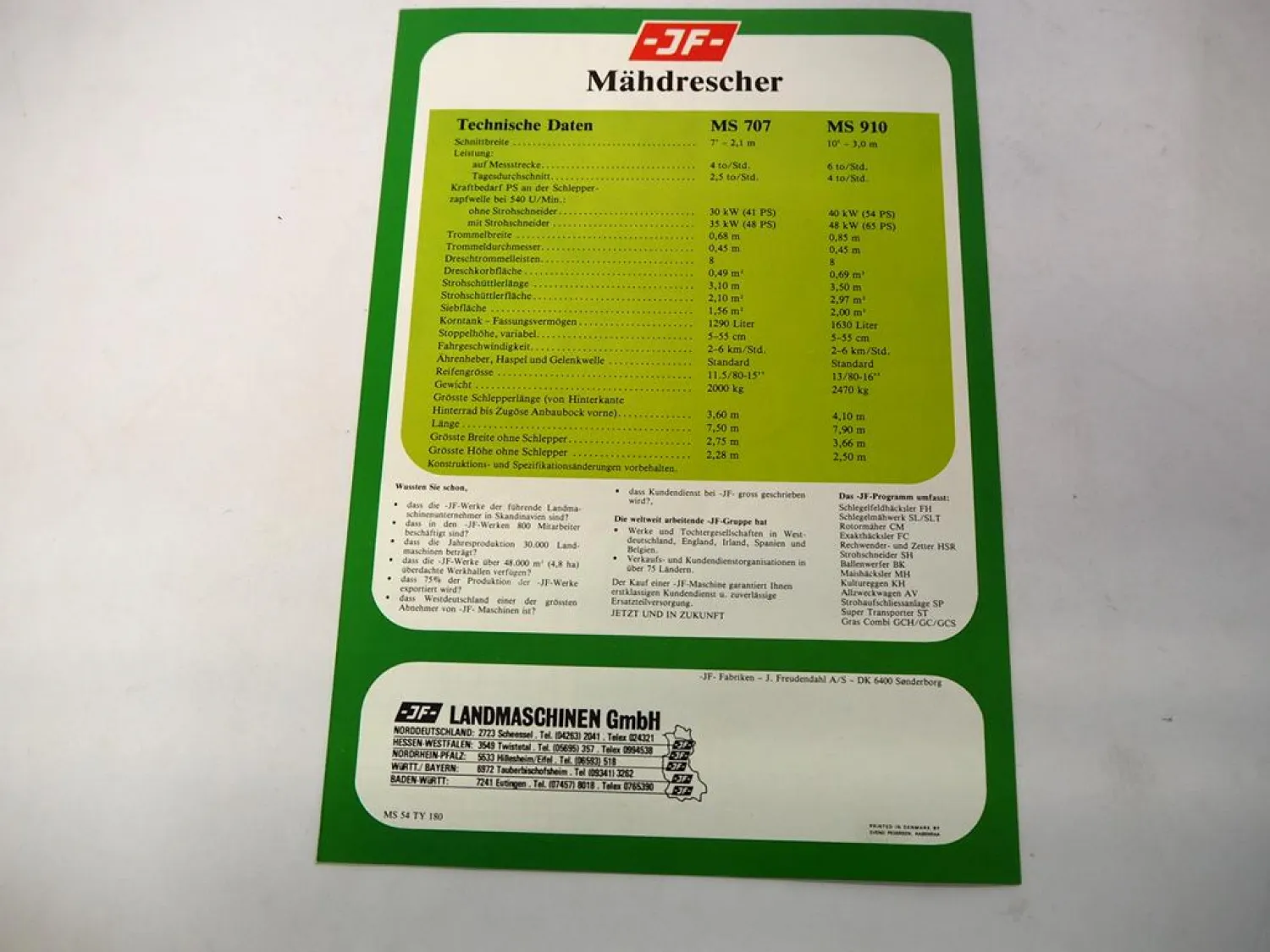 Original Prospekt JF MS 707 910 Anbau Mähdrescher für Schlepper 1980er Jahre