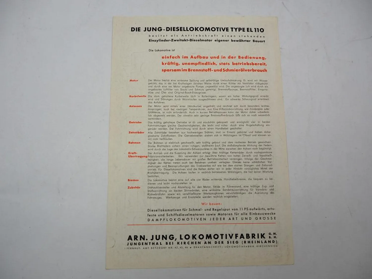 Original Prospekt Jung Jungenthal EL110 Diesel Lokomotive Schmalspur 1949