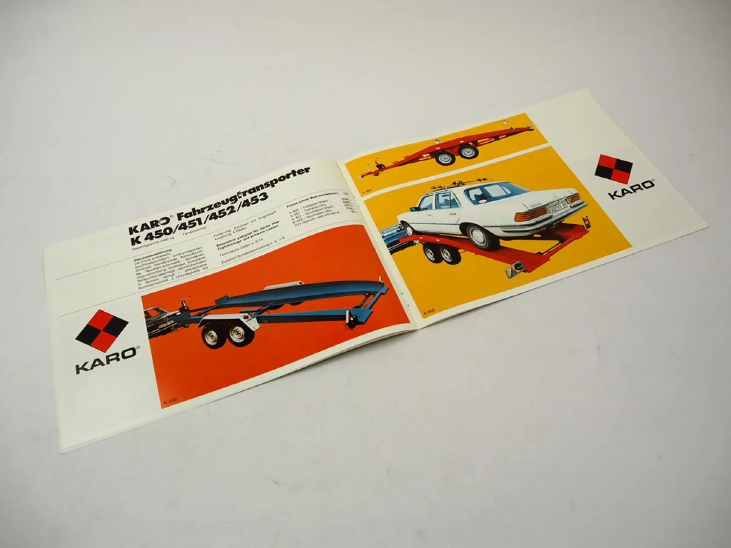 Prospekt Karo Fahrzeugtransporter Abschleppanhänger Mercedes 280S Porsche 924