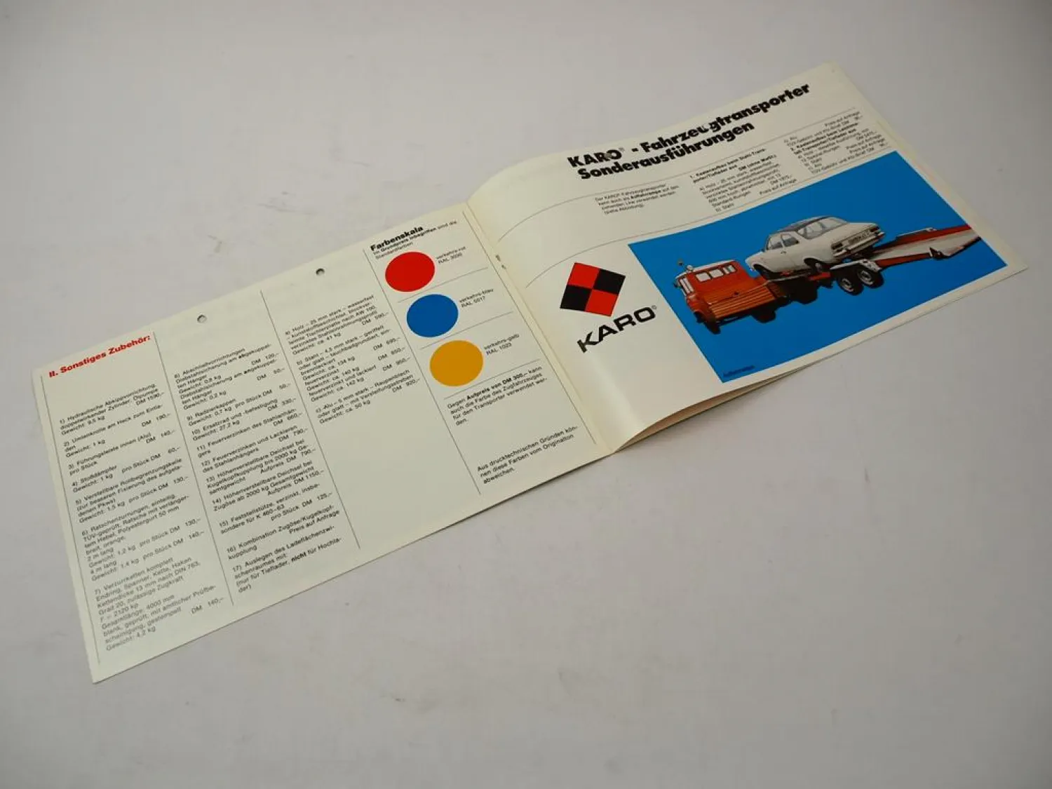 Prospekt Karo Fahrzeugtransporter Abschleppanhänger Mercedes 280S Porsche 924