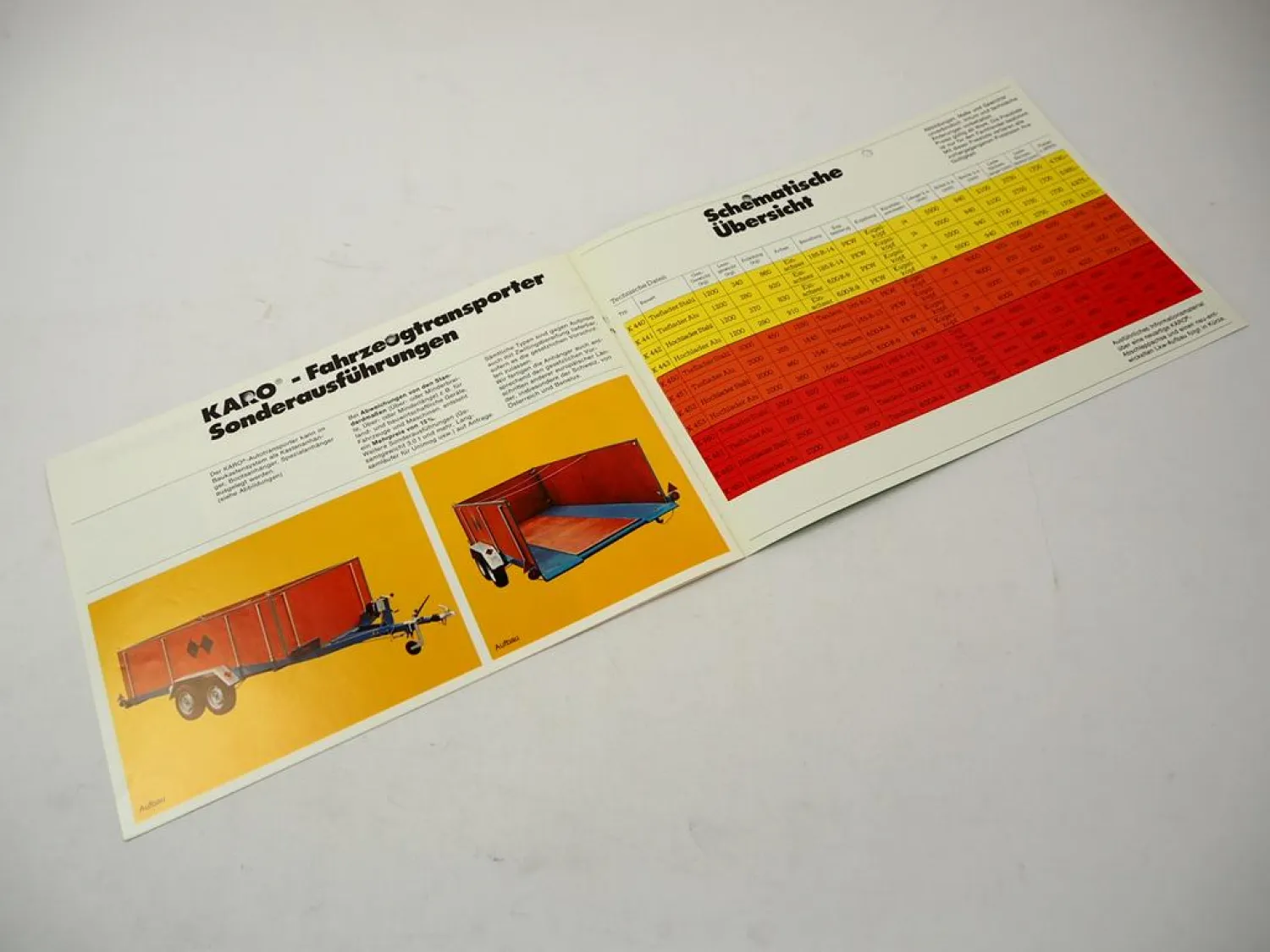Prospekt Karo Fahrzeugtransporter Abschleppanhänger Mercedes 280S Porsche 924
