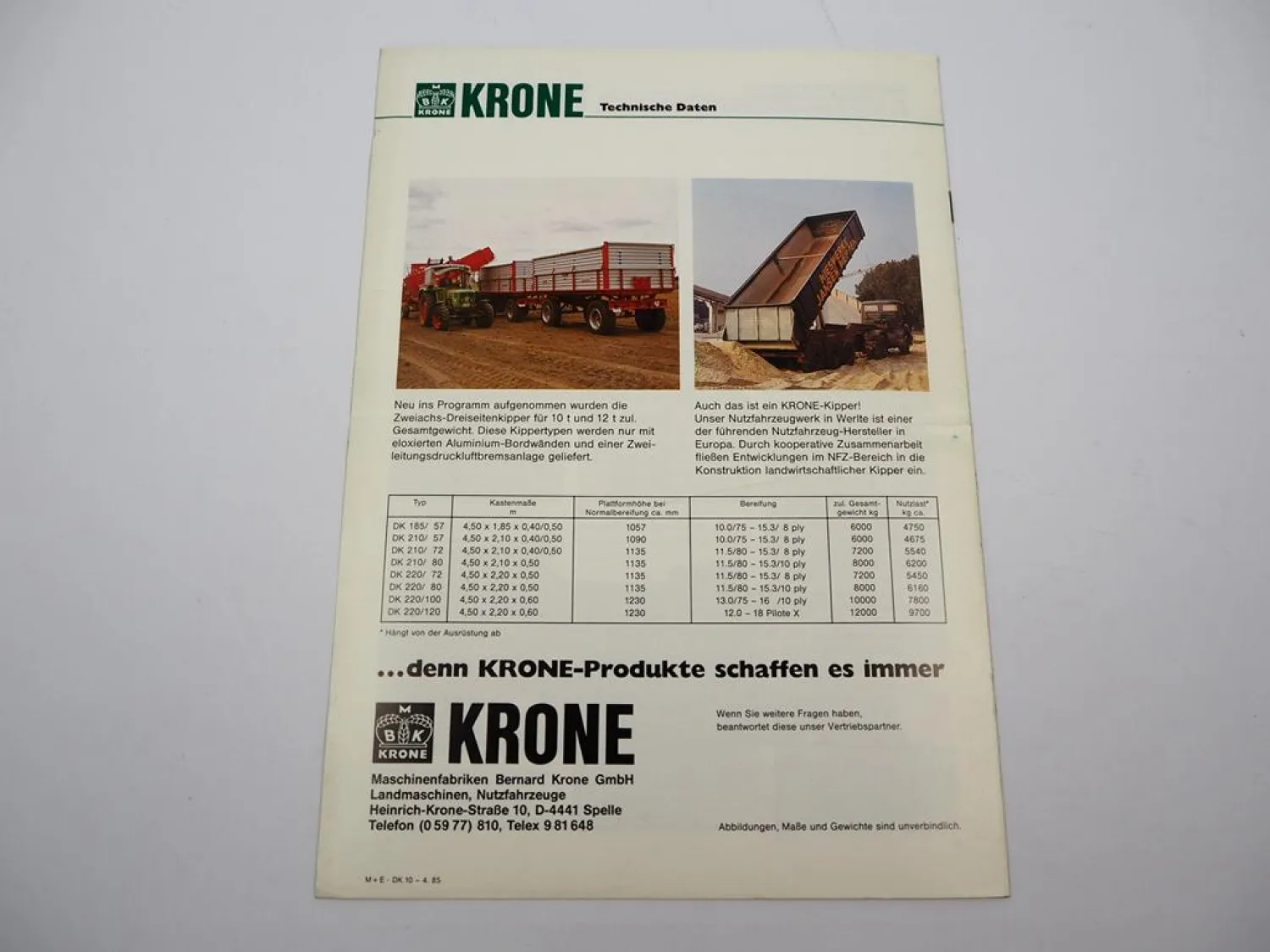 Original Prospekt Krone DK Kippanhänger Dreiseitenkipper Emsland 1985