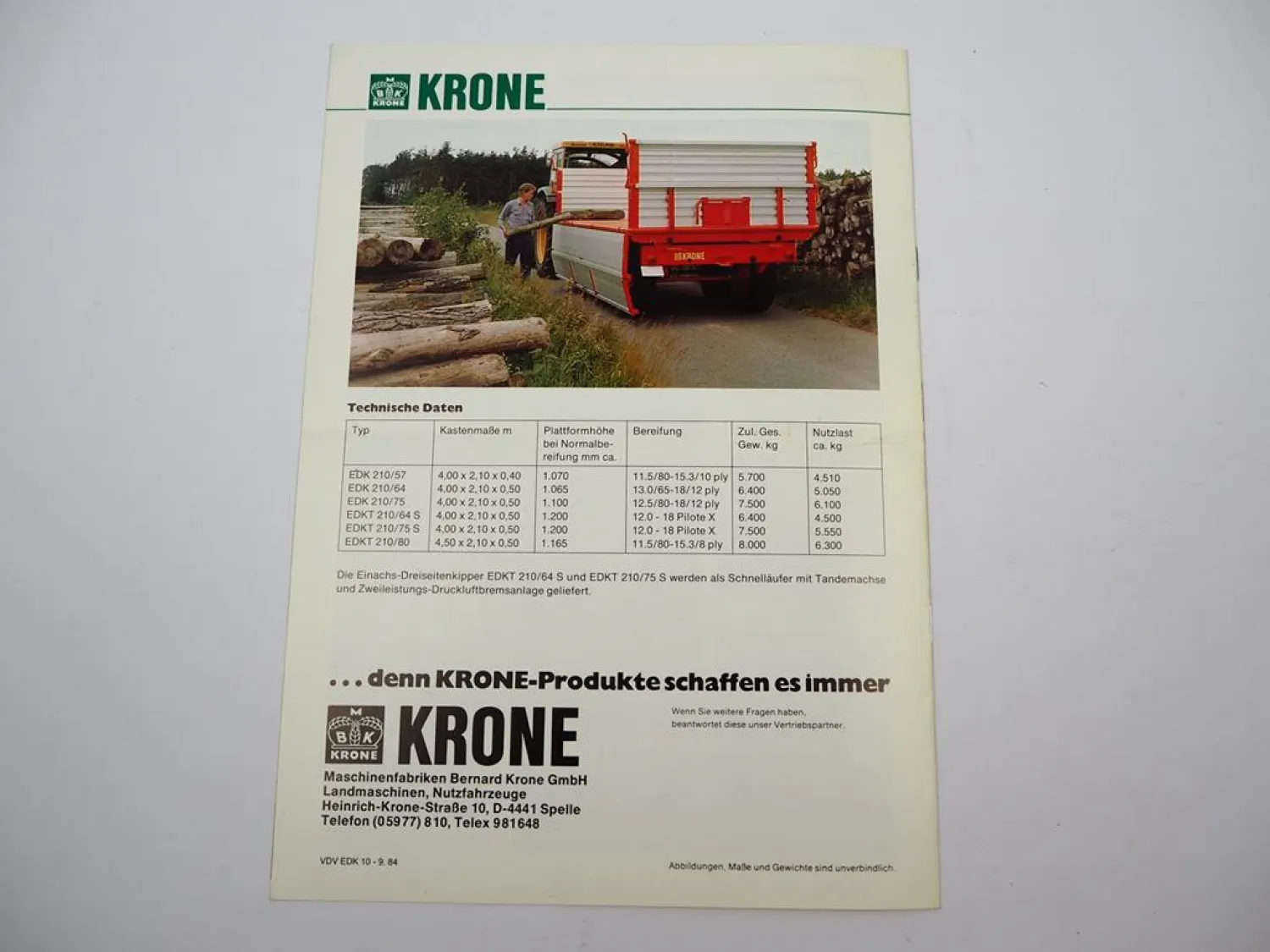 Original Prospekt Krone EDK 210 Kippanhänger Dreiseitenkipper Emsland 1984